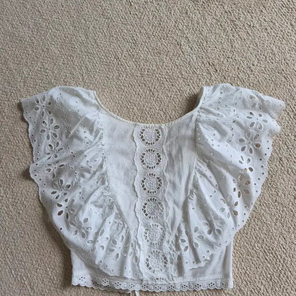[BUNJANG] Zara White Embroidered Frill Crop Blouse / 자라 화이트 프릴 크롭 블라우스