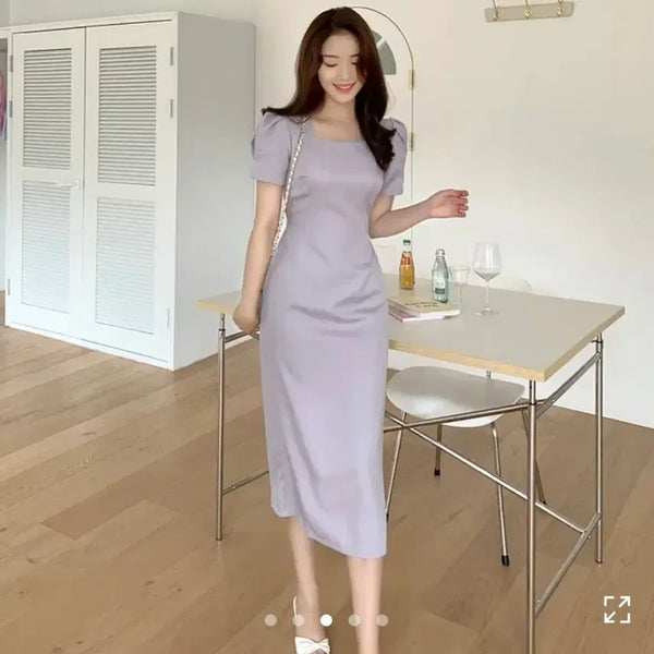 [BUNJANG] Purple Square Neck Puff Sleeve Long Dress / 퍼플 스퀘어넥 퍼프 소매 롱 원피스