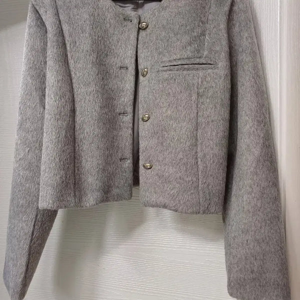 [BUNJANG] Unworn Grey Collarless Short Jacket - Wool Blend / 미착용) 하객룩 그레이 노카라 숏 자켓  헤어리 자켓 울자켓