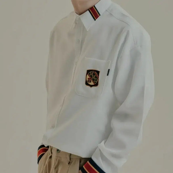 [BUNJANG] Romantic Crown Striped Cuffs Oversized Shirt - White XL / 로맨틱크라운 스트라이프 커프스 오버핏 셔츠_화이트 XL