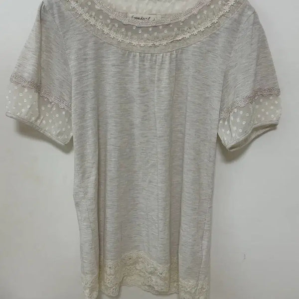 [BUNJANG] Japanese Vintage Mori Girl Embroidered Crochet Detail Oatmeal Short Sleeve Blouse / 일본 빈티지 모리걸 자수 크로셰 디테일 오트밀 반팔 블라우스
