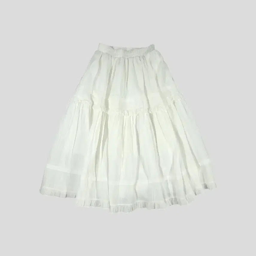 [BUNJANG] Vintage White Frill Dot Pattern Wrinkle Tiered Layered Flare Banding Long Skirt / 빈티지 화이트 프릴 도트패턴 링클 티어드 캉캉 레이어드 플레어 밴딩 롱 스커트 치마 24-28