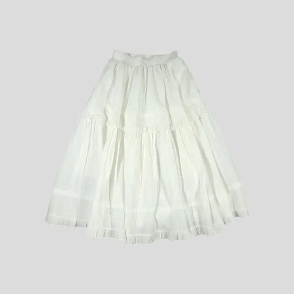 [BUNJANG] Vintage White Frill Dot Pattern Wrinkle Tiered Layered Flare Banding Long Skirt / 빈티지 화이트 프릴 도트패턴 링클 티어드 캉캉 레이어드 플레어 밴딩 롱 스커트 치마 24-28