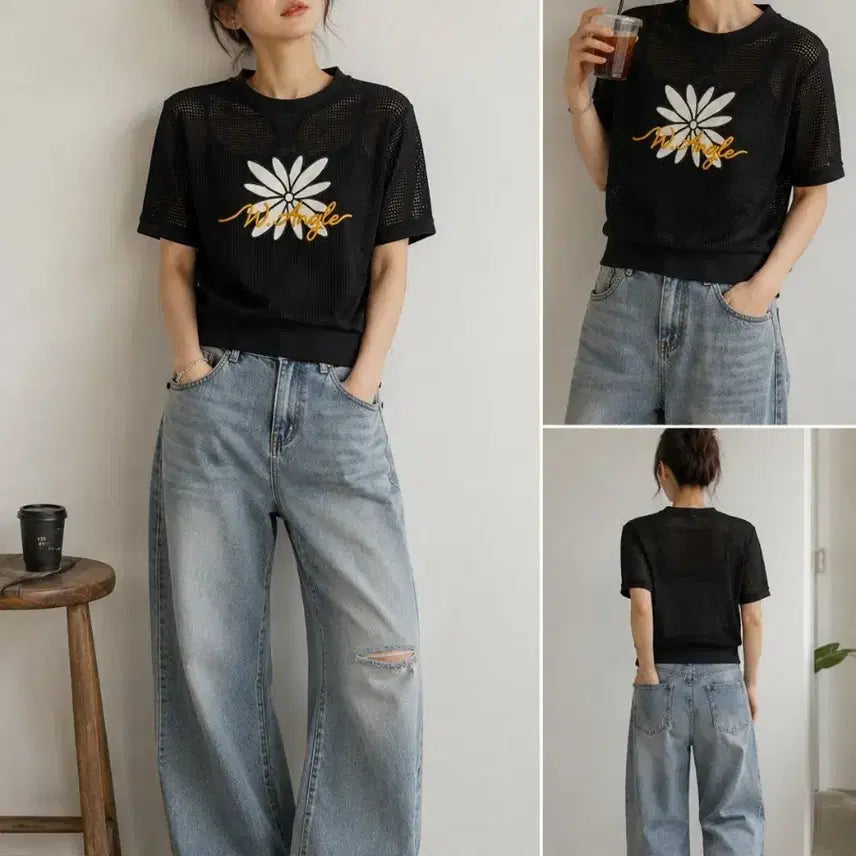 [BUNJANG] W.ANGLE Black Flower Mesh Short Sleeve T-Shirt Size 90 / W.ANGLE 블랙 플라워 메쉬 반팔  90