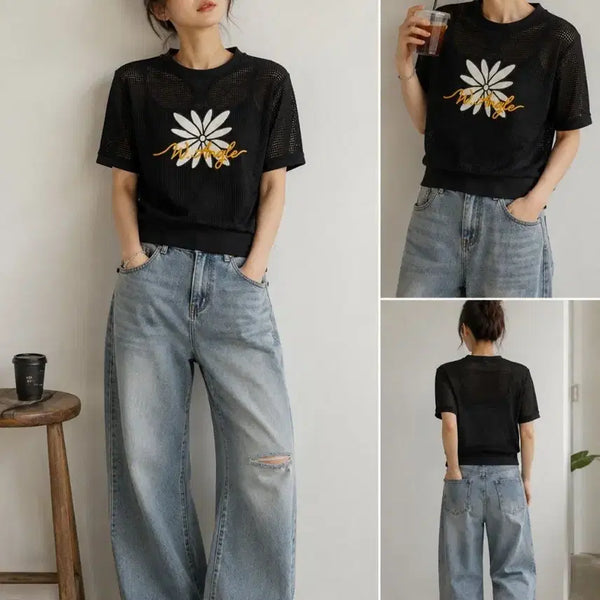[BUNJANG] W.ANGLE Black Flower Mesh Short Sleeve T-Shirt Size 90 / W.ANGLE 블랙 플라워 메쉬 반팔  90