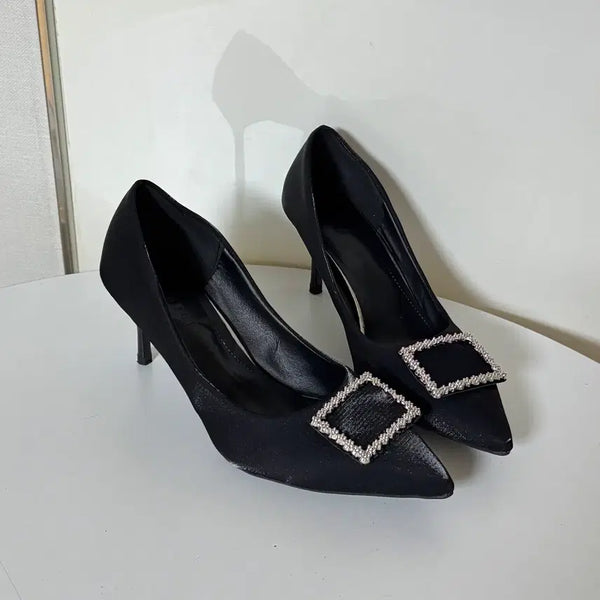 [BUNJANG] Black Satin Pumps High Heels (7cm Heel, Size 250) / @새상품 250사이즈 7cm 블랙 새틴 펌프스 하이힐 구두
