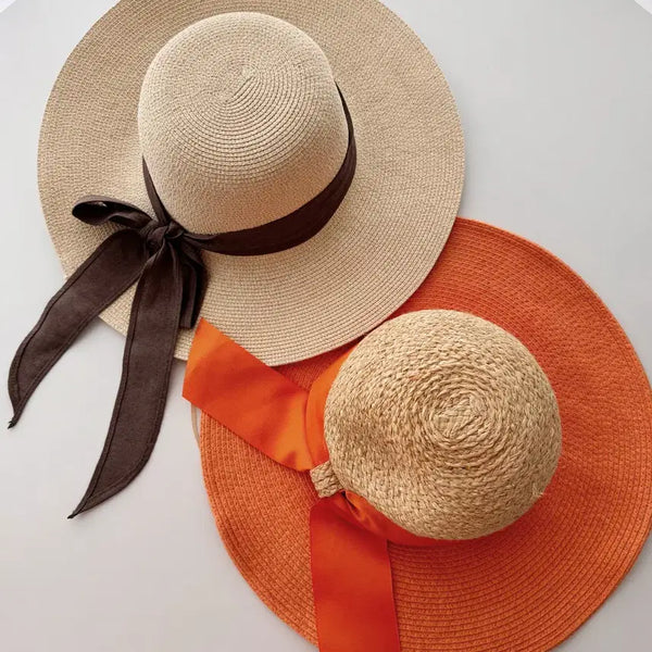 [BUNJANG] Women's Summer Ribbon Straw Hat / Sun Hat (Beige, Orange) / 여성 여름 리본 밀짚모자 / 썬햇 (베이지, 오렌지) 2종