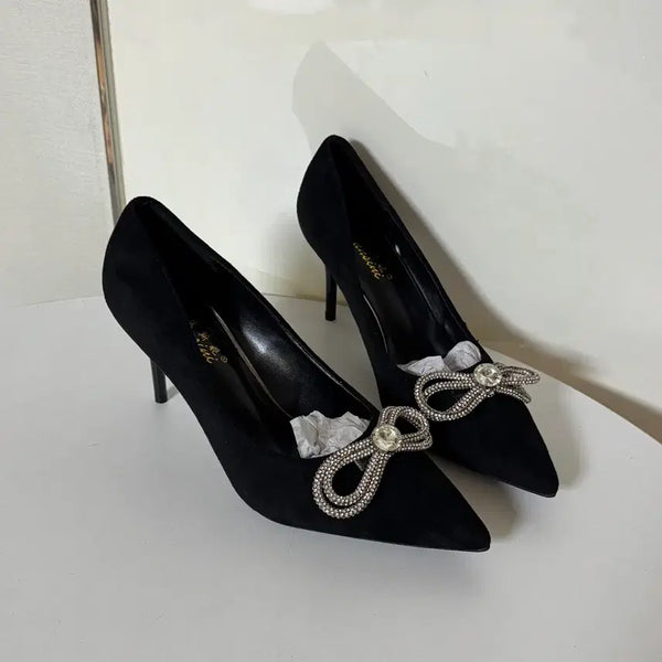 [BUNJANG] Black Suede Cubic Ribbon Pumps High Heels (8cm heel, 245 size) / @새상품 245사이즈 8cm 블랙 스웨이드 큐빅 리본 펌프스 하이힐 구두