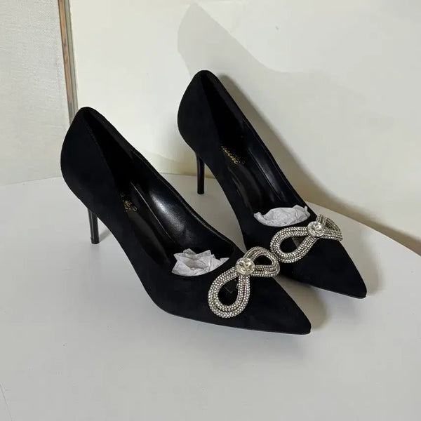 [BUNJANG] Black Suede Cubic Ribbon Pumps High Heels (250 Size, 8cm Heel) / @새상품 250사이즈 8cm 블랙 스웨이드 큐빅 리본 펌프스 하이힐 구두