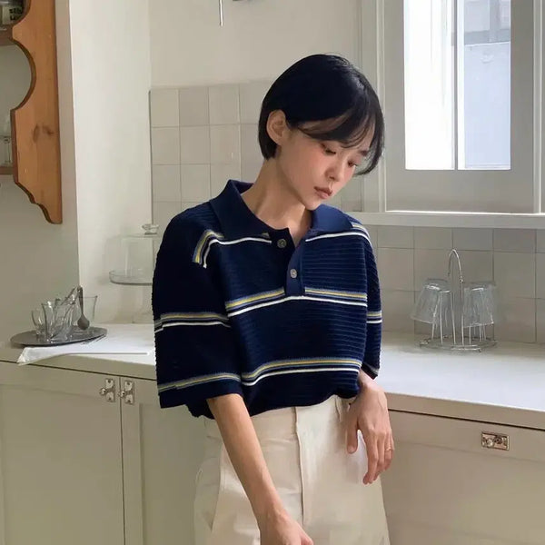 [BUNJANG] Crochet Stripe Short Sleeve Polo Knit Green / (새제품) 크로쉐 스트라이프 반팔 카라니트 그린free