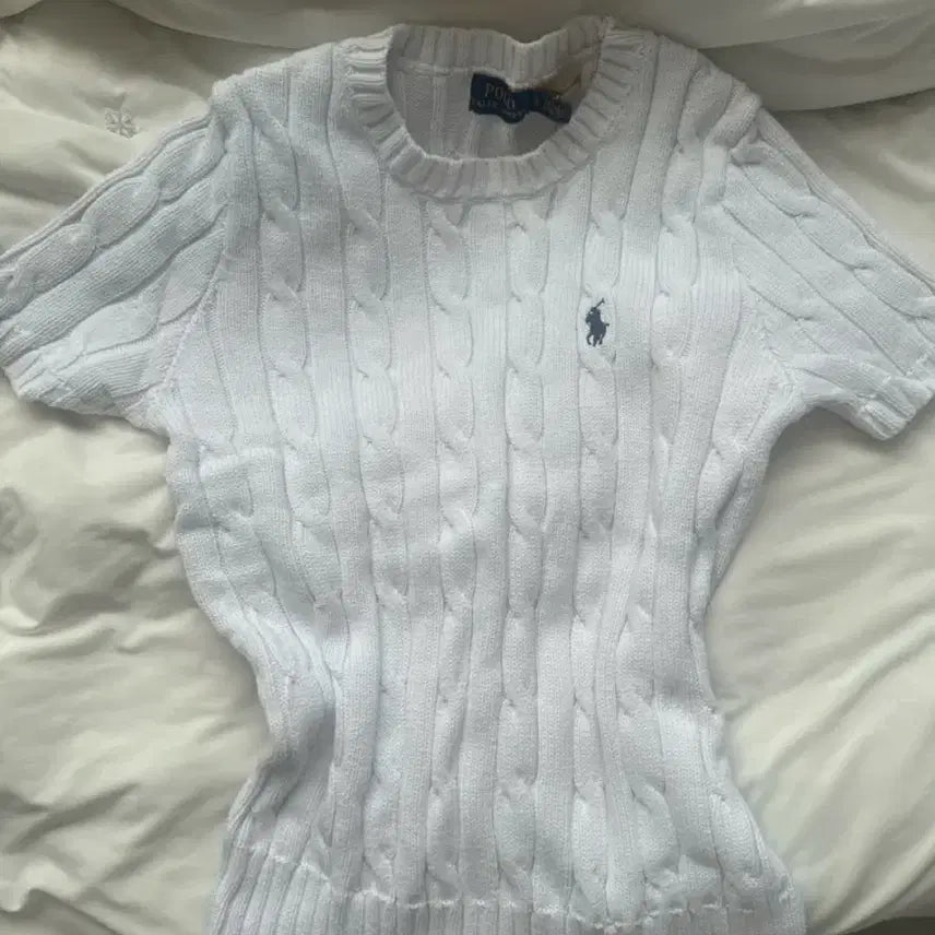 [BUNJANG] Polo Ralph Lauren Cable Knit Short Sleeve Top White / 폴로 랄프로렌 케이블 반팔 니트 화이트