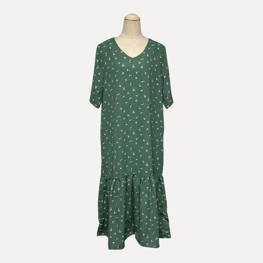 [BUNJANG] 1789 Green Floral Pattern Short Sleeve Dress / 1789 그린 플라워 패턴 반팔원피스