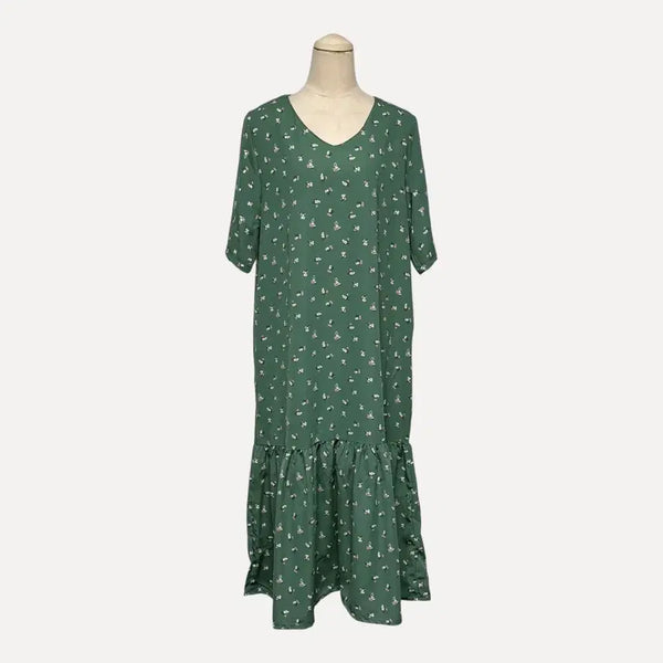 [BUNJANG] 1789 Green Floral Pattern Short Sleeve Dress / 1789 그린 플라워 패턴 반팔원피스