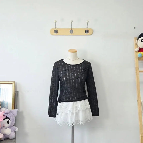 [BUNJANG] Vintage Black Ribbon Knit Top / 빈티지 만원샵 블랙 리본 러블리 니트