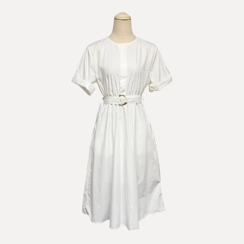 [BUNJANG] White Roll-up Sleeve Belted Midi Dress / 새상품 화이트 롤업 반팔 벨트 원피스