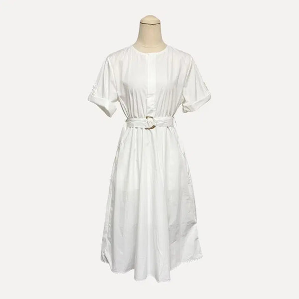 [BUNJANG] White Roll-up Sleeve Belted Midi Dress / 새상품 화이트 롤업 반팔 벨트 원피스