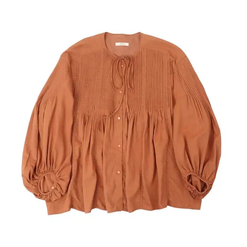 [BUNJANG] SYSTEM Brown Cotton Rayon Shirring Blouse / 시스템 브라운 코튼 레이온 셔링 블라우스