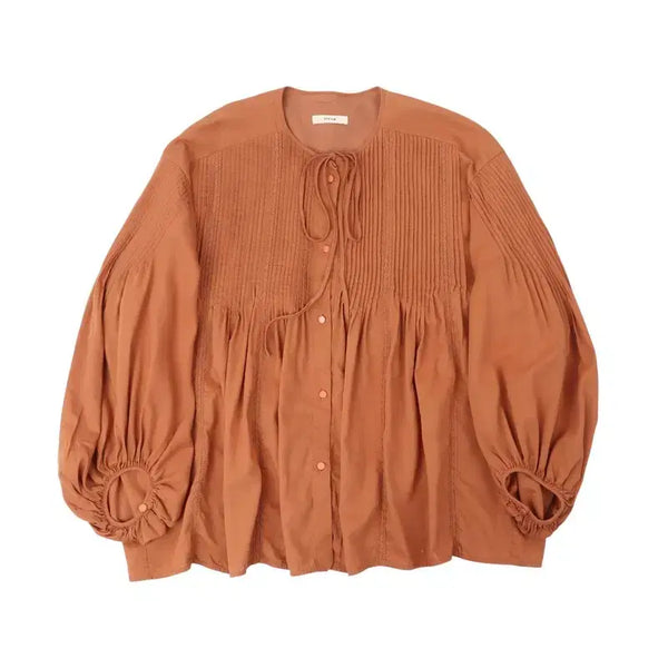 [BUNJANG] SYSTEM Brown Cotton Rayon Shirring Blouse / 시스템 브라운 코튼 레이온 셔링 블라우스