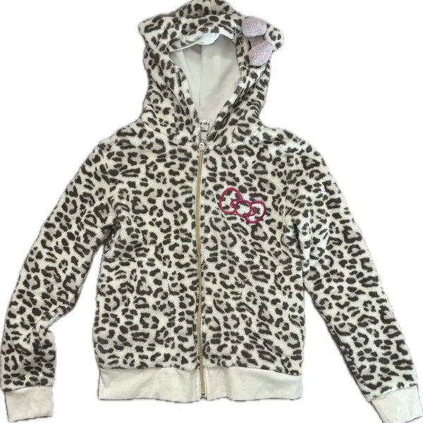 [BUNJANG] Hello Kitty Leopard Fleece Hoodie Zip-Up (Kids 150) / 헬로키티 레오파드 플리스 후드집업