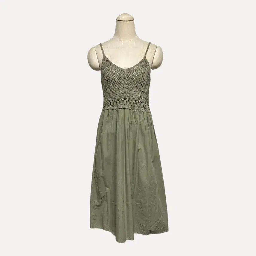 [BUNJANG] Khaki Crochet Sleeveless Strap Dress / 1804 카키 크로셰 나시 끈원피스