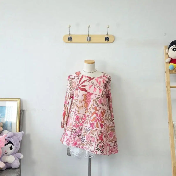 [BUNJANG] Le Labe Pink Floral Pleated Diagonal Blouse / 빈티지 만원샵 LB 핑크 패턴 주름 사선 블라우스