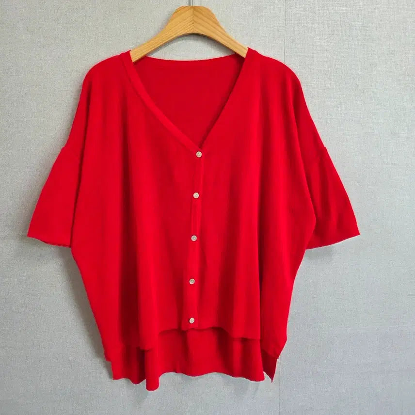 [BUNJANG] Women's Loose Fit Red 5-Sleeve Cardigan / 여성 루즈핏 빨간색 반팔 5부 소매 가디건 레드 F JJ3120
