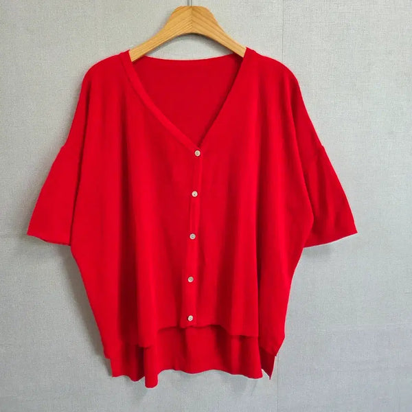 [BUNJANG] Women's Loose Fit Red 5-Sleeve Cardigan / 여성 루즈핏 빨간색 반팔 5부 소매 가디건 레드 F JJ3120