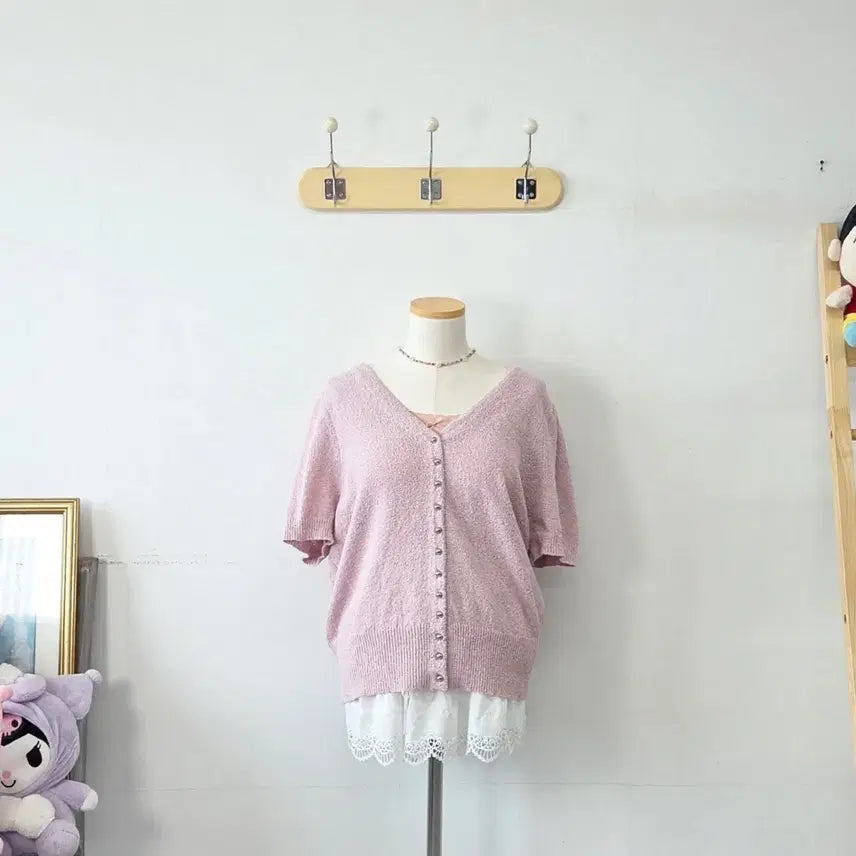 [BUNJANG] Vintage Pink Lovely Short Sleeve Cardigan / 빈티지 만원샵 핑크 러블리 반팔 가디건