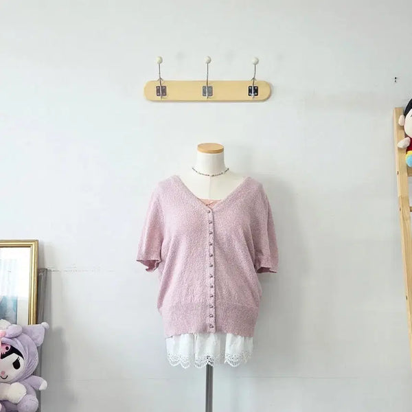 [BUNJANG] Vintage Pink Lovely Short Sleeve Cardigan / 빈티지 만원샵 핑크 러블리 반팔 가디건