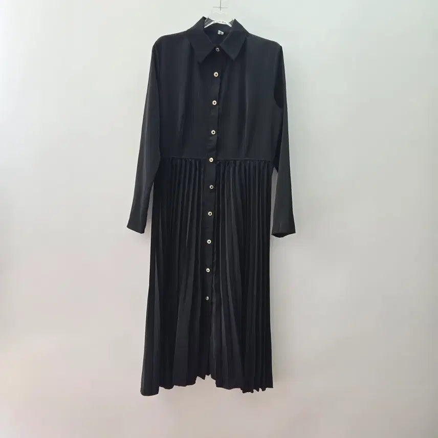 [BUNJANG] Black Shirt Pleated Long Dress / 1672 블랙 셔츠형 플리츠 원피스 F