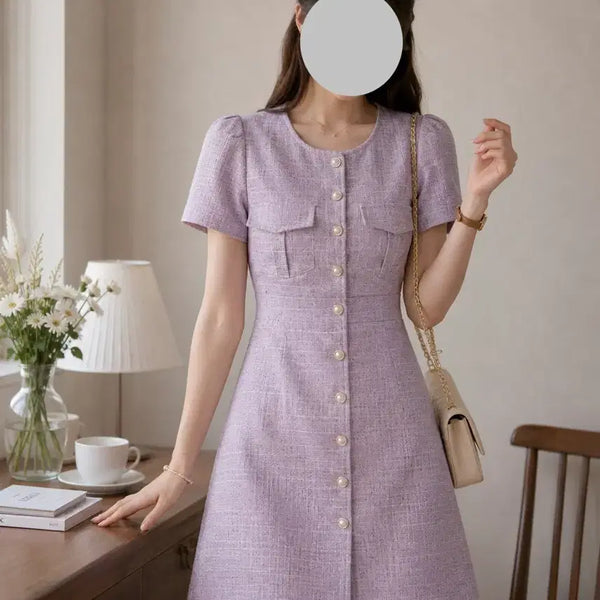 [BUNJANG] Lavender Tweed Mini Dress with Pearl Buttons / 트위드 원피스