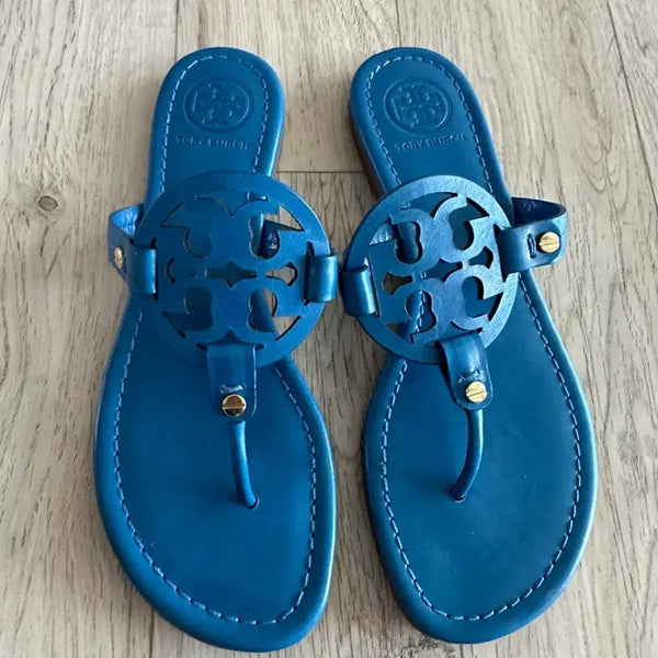 [BUNJANG] Tory Burch Miller Leather Slides - Aquamarine / 토리버치 밀러 가죽 쪼리샌들 청블루