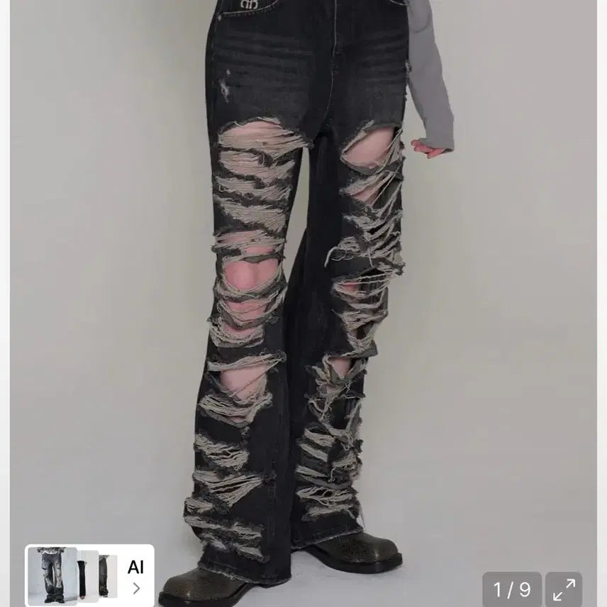 [BUNJANG] Rock Cake Pia Damage Wide Pants Black / 락케이크 피아 데미지 와이드 팬츠 블랙