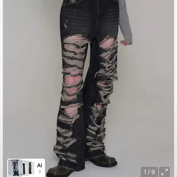 [BUNJANG] Rock Cake Pia Damage Wide Pants Black / 락케이크 피아 데미지 와이드 팬츠 블랙