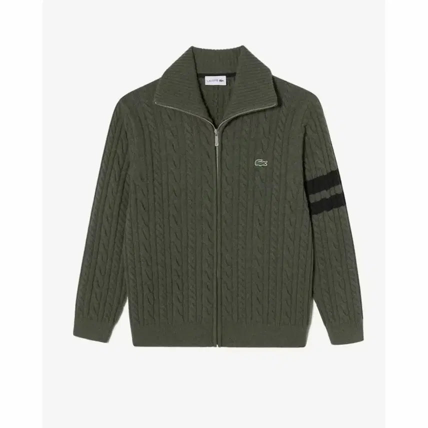 [BUNJANG] Lacoste Wool Cable Full Zip Up Jacket Cardigan Khaki / 미개봉 라코스테 울 케이블 풀집업 자켓 가디건 100 카키