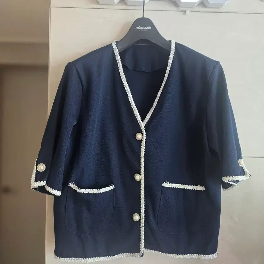 [BUNJANG] Navy Pearl Button Color Block Jacket / 네이비 진주 단추 배색 자켓 55~66사이즈