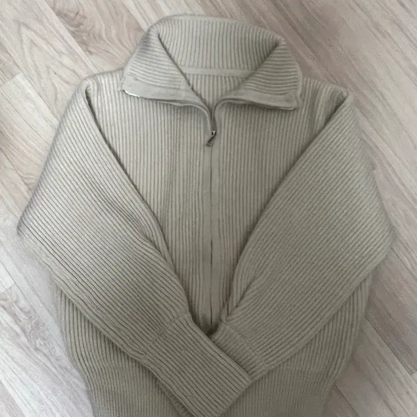 [BUNJANG] Beige Ribbed Zip-Up Knit / 베이지색 골지 집업 니트