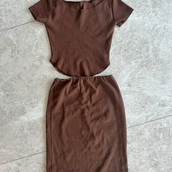 [BUNJANG] Brown Ribbed Knit Set / 브라운 골지 셋업