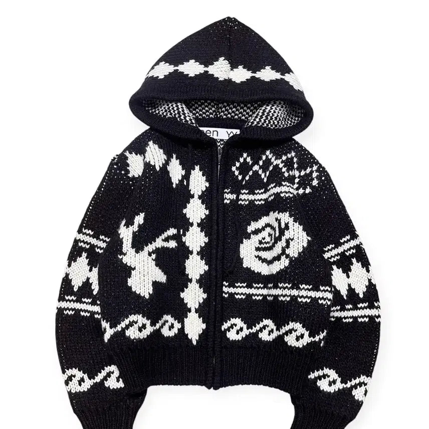 [BUNJANG] Open YY Jacquard Knit Hooded Zip-up / 오픈와이와이 자카드 니트 후드집업