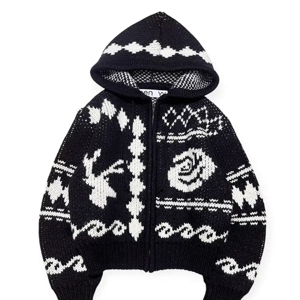 [BUNJANG] Open YY Jacquard Knit Hooded Zip-up / 오픈와이와이 자카드 니트 후드집업