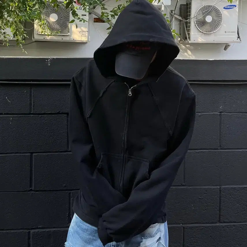 [BUNJANG] Ignore Destroyed Crop Hoodie Zip Black / [OS] 이그노어 디스트로이드 크롭 후드집업 블랙