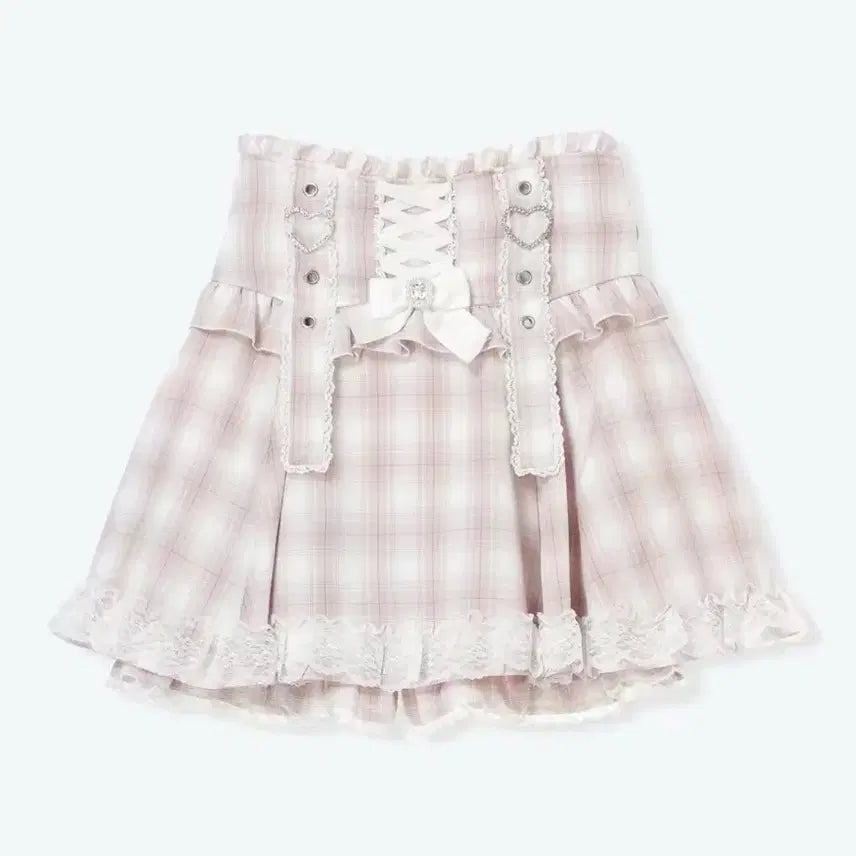 [BUNJANG] Noemie Glitter Heart Buckle Lace-up Skirt Pink Check / 노에미 반짝이 하트 버클 레이스업 스카판 noemie 스커트 핑크 체크 양산형 지뢰계