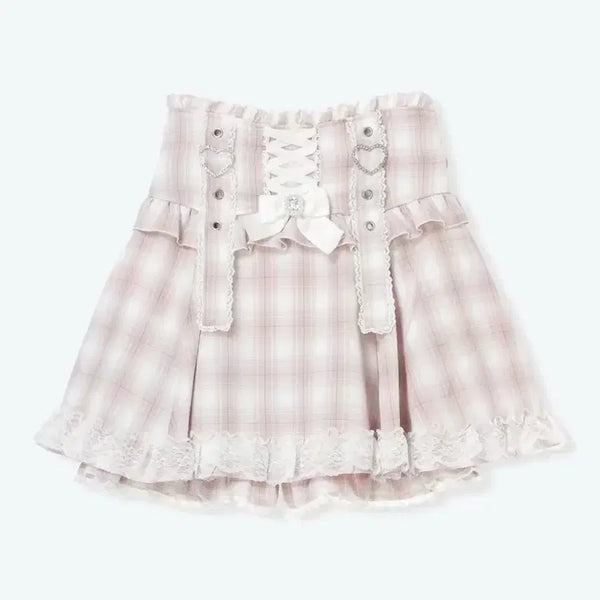 [BUNJANG] Noemie Glitter Heart Buckle Lace-up Skirt Pink Check / 노에미 반짝이 하트 버클 레이스업 스카판 noemie 스커트 핑크 체크 양산형 지뢰계