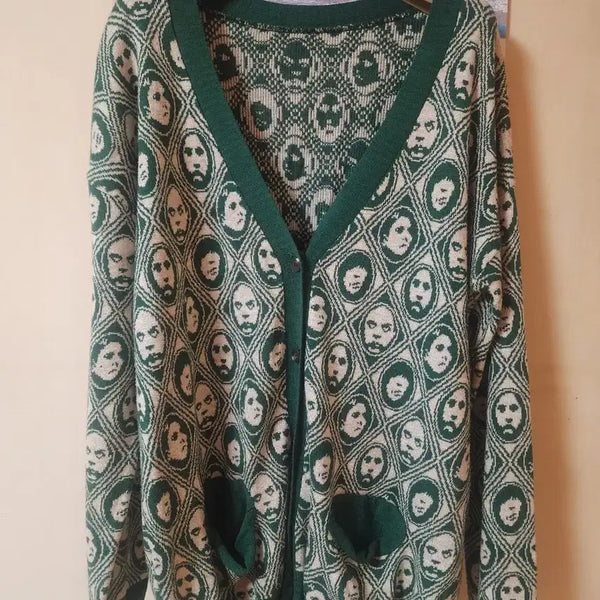 [BUNJANG] Men's Green Knit Cardigan with Face Pattern / 남자 가디건 L사이즈 이뻐요~