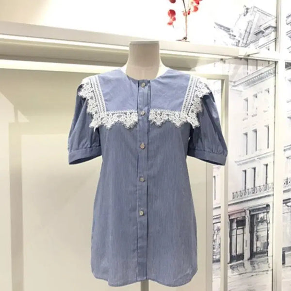 [BUNJANG] SATIN Big Collar Lace Stripe Blouse / SATIN 샤틴 빅카라 레이스 스트라이프 블라우스