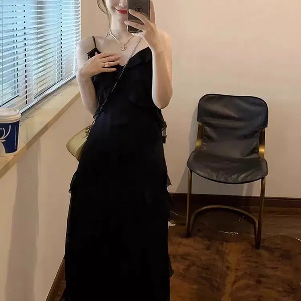 [BUNJANG] Feather Ruffle Tiered Maxi Dress / (새상품) 깃털 프릴 캉캉 끈나리 휴양지 롱원피스