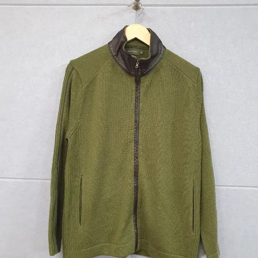 [BUNJANG] Henry Cotton Olive Leather Collar Knit Zip-Up / #헨리코튼 올리브색 가죽카라 니트 집업 100