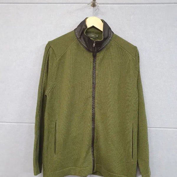 [BUNJANG] Henry Cotton Olive Leather Collar Knit Zip-Up / #헨리코튼 올리브색 가죽카라 니트 집업 100