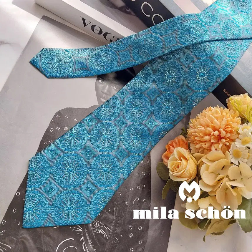 [BUNJANG] Mila Schon Silk Embroidered Medallion Pattern Necktie 8.8cm / MILA SCHON 밀라 숀 실크 블루 자수 메달리온 패턴 넥타이 8.8cm S~A+등급 K3266
