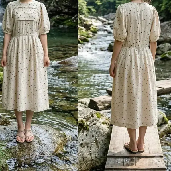 [BUNJANG] Japanese Brand Polka Dot Puff Sleeve Dress / (일본 브랜드)도트 패턴  면마혼방 퍼프 소매 원피스.